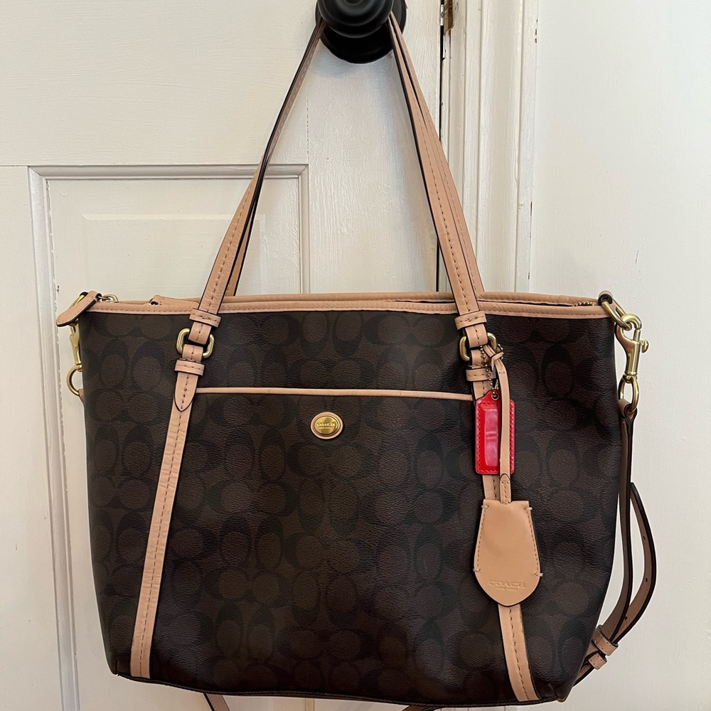 Coach Brown and Tan Signature Tote Bag